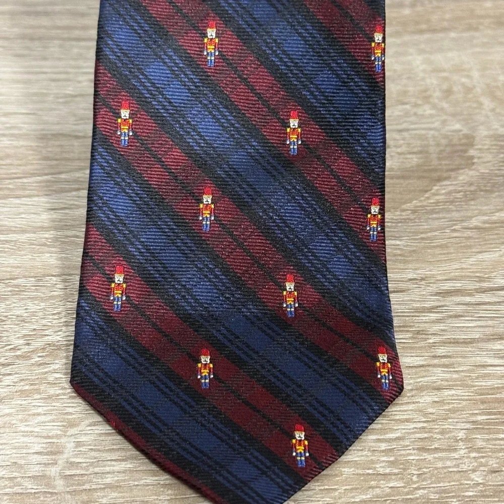 Brooks Brothers Silk Nutcracker Plaid Tie Navy Blue Burgundy Holiday Christmas